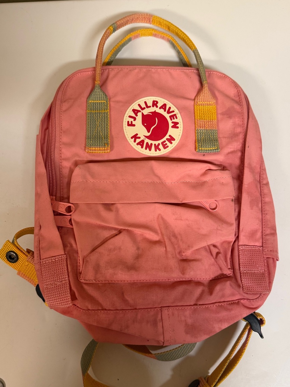 Fjallraven Kanken Pink Backpack with Yellow & Green Straps